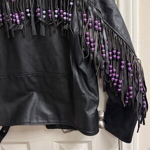 Vintage  Niki Black Leather Fringe motorcycle Jacket with Purple Beads